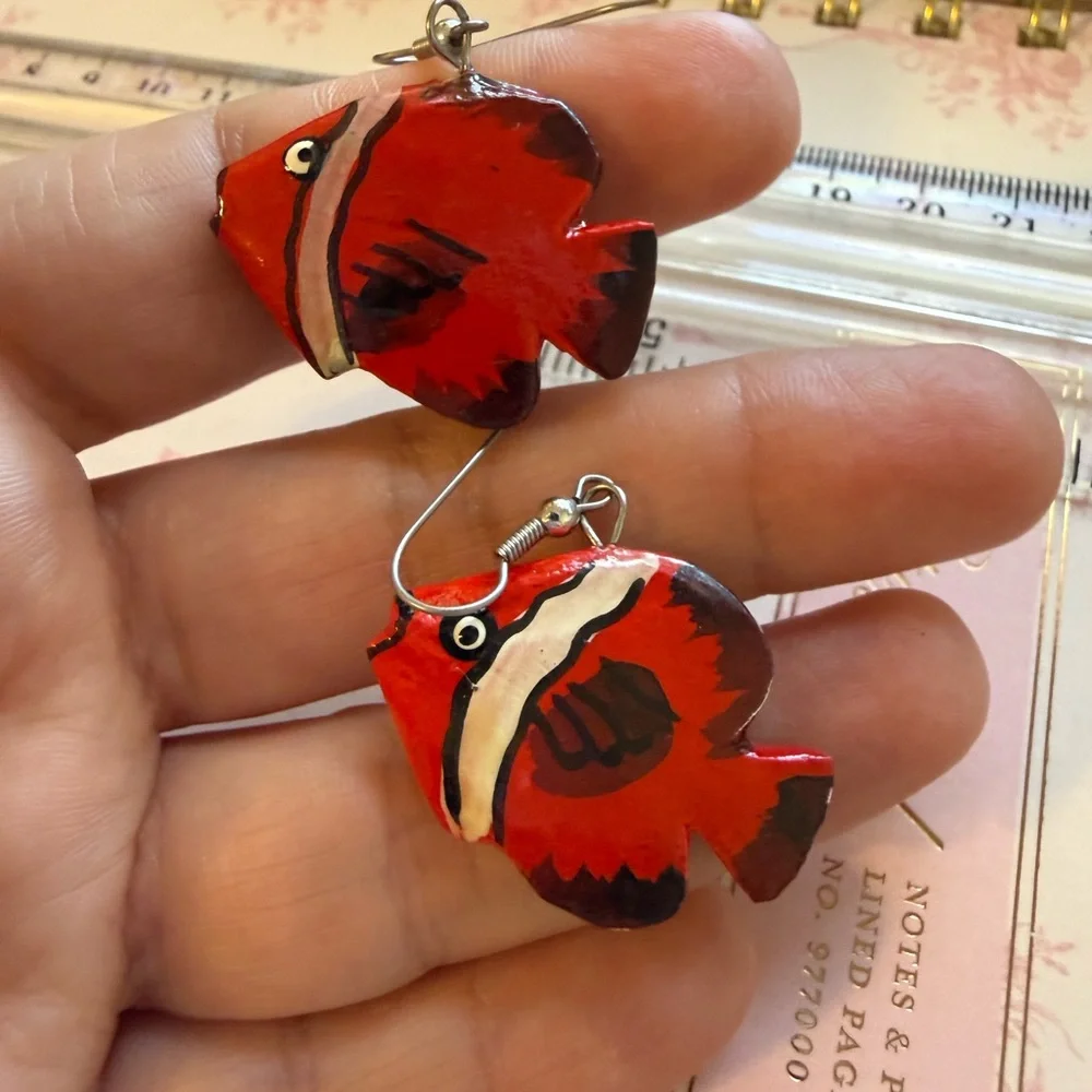 Handmade Red Clownfish‎ Drop Earrings Hand Painted Nautical Fish Jewelry